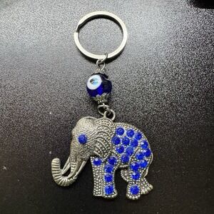 Elephant Keychain Blue Rhinestone Evil Eye Charm Silver Tone Good‎ Luck